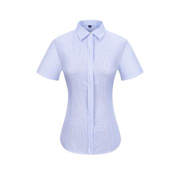 笙谷 女士白底蓝条100%棉成衣免烫短袖商务衬衫，XGSJVF2003-39