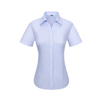 笙谷 女士白底蓝条100%棉成衣免烫短袖商务衬衫，XGSJVD2003-39