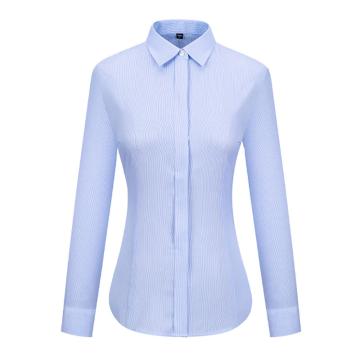 笙谷 女士白底细蓝条100%棉成衣免烫长袖商务衬衫，XGSLVF2018-39
