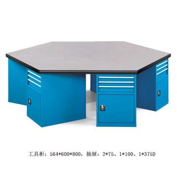 位邦 六角工作桌，三抽一门工具柜×6组，承重1t，尺寸2400×1200×850mm，铁板台面