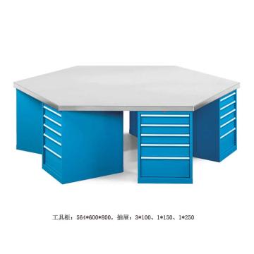 位邦 六角工作桌，五抽工具柜×6组，承重1t，尺寸2400×1200×850mm，不锈钢台面