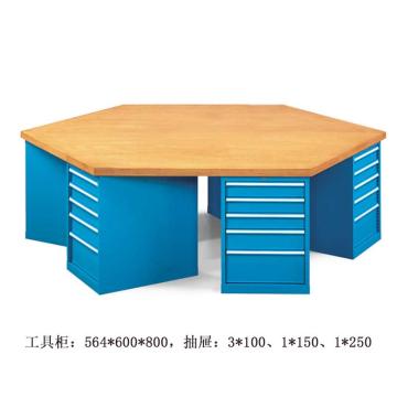 位邦 六角工作桌，五抽工具柜×6组，承重1t，尺寸2400×1200×850mm，榉木台面