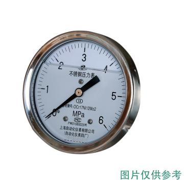 上自仪 不锈钢耐震压力表，Y-153BFZ/0-6.0MPa/M20×1.5/1.6级/304/轴向不带边