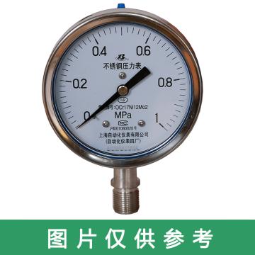 上自仪 不锈钢压力表，Y-100BF/0-1.6MPa/M20×1.5/1.6级/304/径向不带边