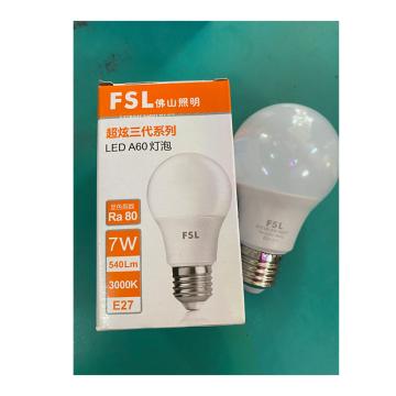 佛山照明 LED灯泡 超炫三代 A60 功率7W 220V黄光 3000K E27，单位：个