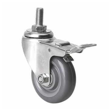 易得力(EDL) 丝口刹车聚氨酯(PU)脚轮，脚轮不锈钢轴承3寸80kg，S34743L/M12X25-S343-76