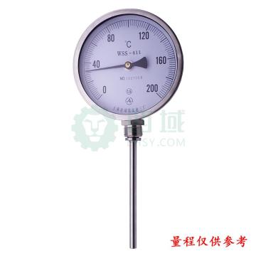上仪 不锈钢双金属温度计，WSS-411 径向(角型) Φ100 可动外螺纹 M27*2 L=750mm 0-500°C 1.6级