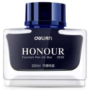 得力墨水，S636钢笔墨水(可擦纯蓝）30ml非碳素钢笔墨水 单位：盒