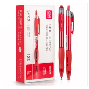 得力 臻顺滑中性笔签字笔，S08 0.5mm子弹头按动笔水笔中性笔（红）12支/盒 单位：盒